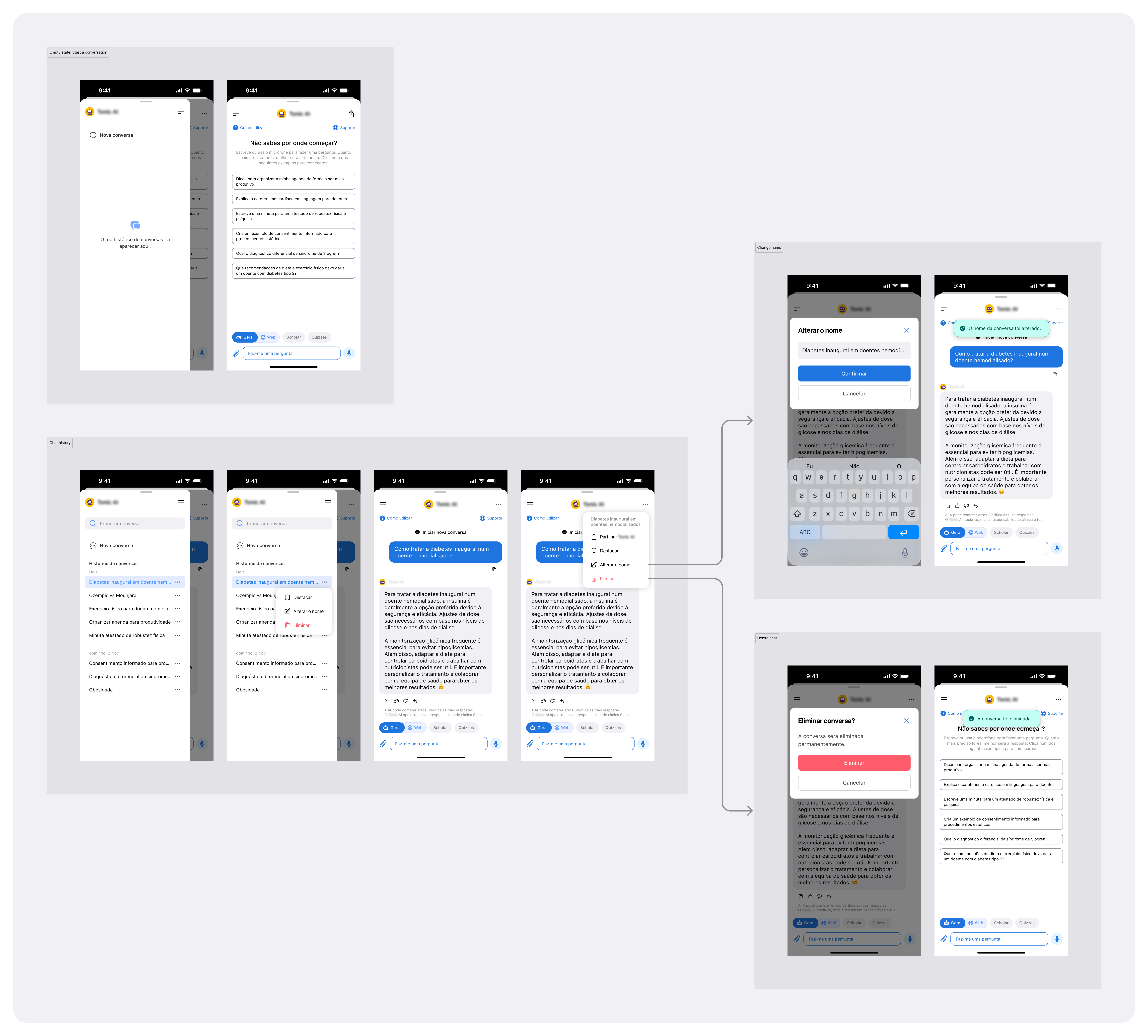 Option A mobile wireframes showing custom top bar with integrated chat history sidebar